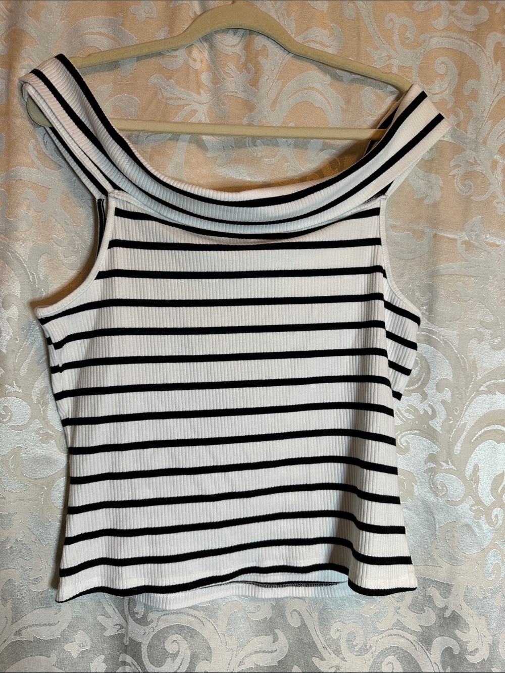 Old Navy Black and White Off-Shoulder Striped Tank
